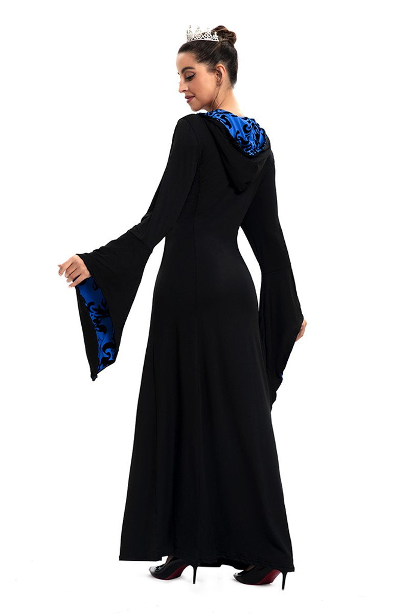 Medieval Hooded Swing Dress Costume Printed Retro Long Sleeves