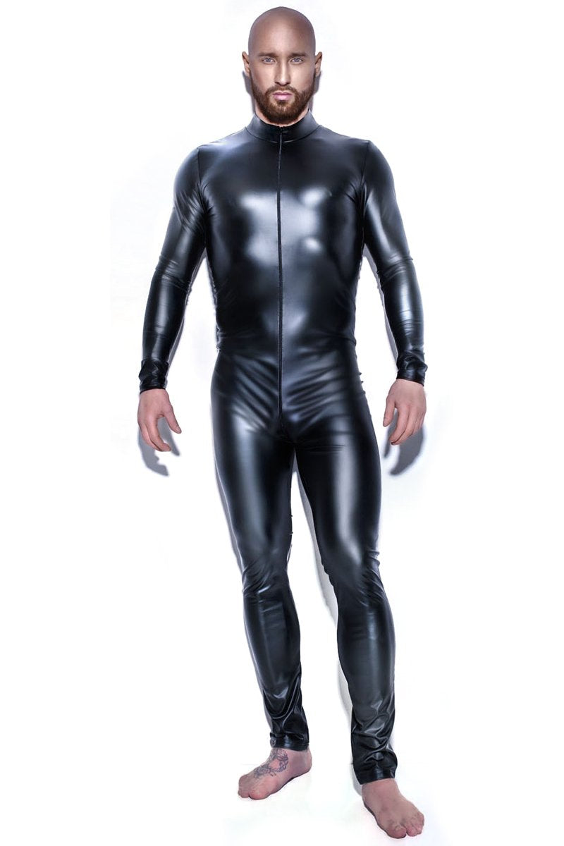 Men's Long Sleeve Patent leather Nightclub Zipper Jumpsuit