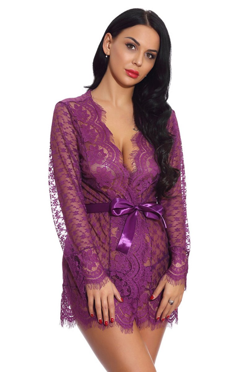 Long Sleeves Lace Women Robe Lingerie Set