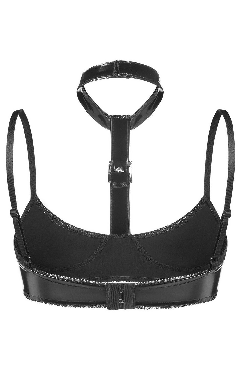 Black Halter Neck Style PVC Leather Bra Lingerie Metal Detailing