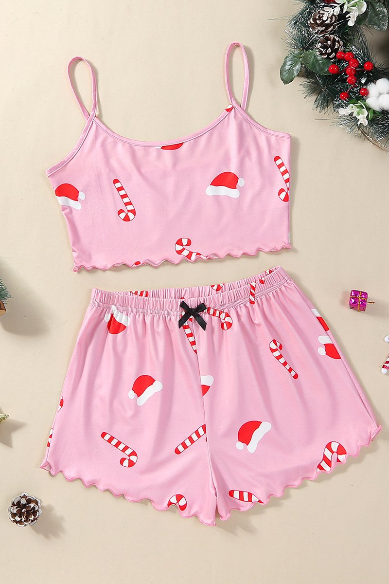 Cute Prints Cozy Christmas Winter Night Cami Sleepwear Lingerie Set