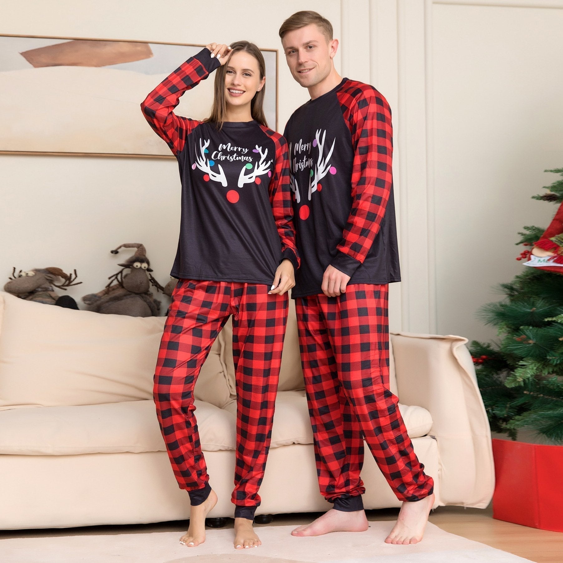 Christmas Deer Antler Print Plaid Family Couples Matching Pajamas Party Set - ciclove