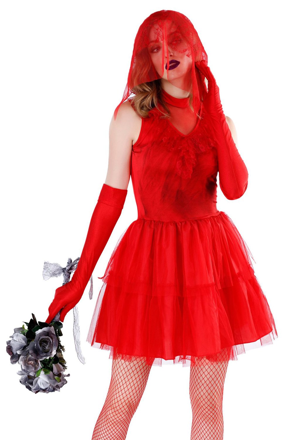 Ghost Bride Women Halloween Costume Bloody Mary Dress Lace Red Black