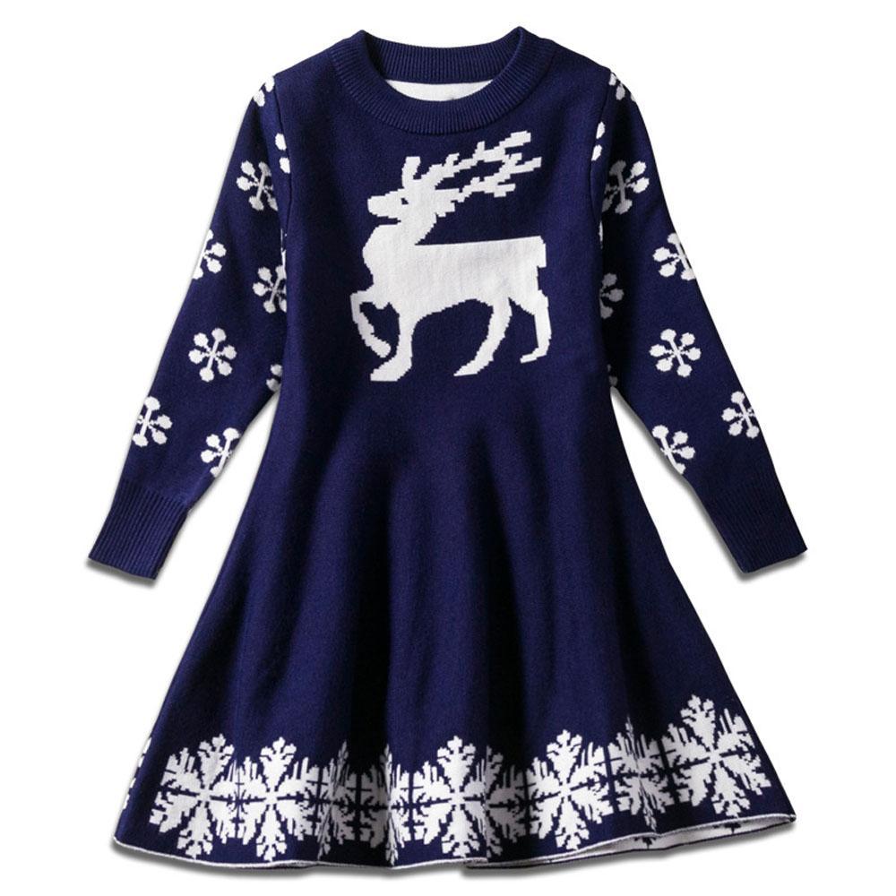 Christmas Dress for Girls Deer Snowflake Printed Sweater Winter Skirt