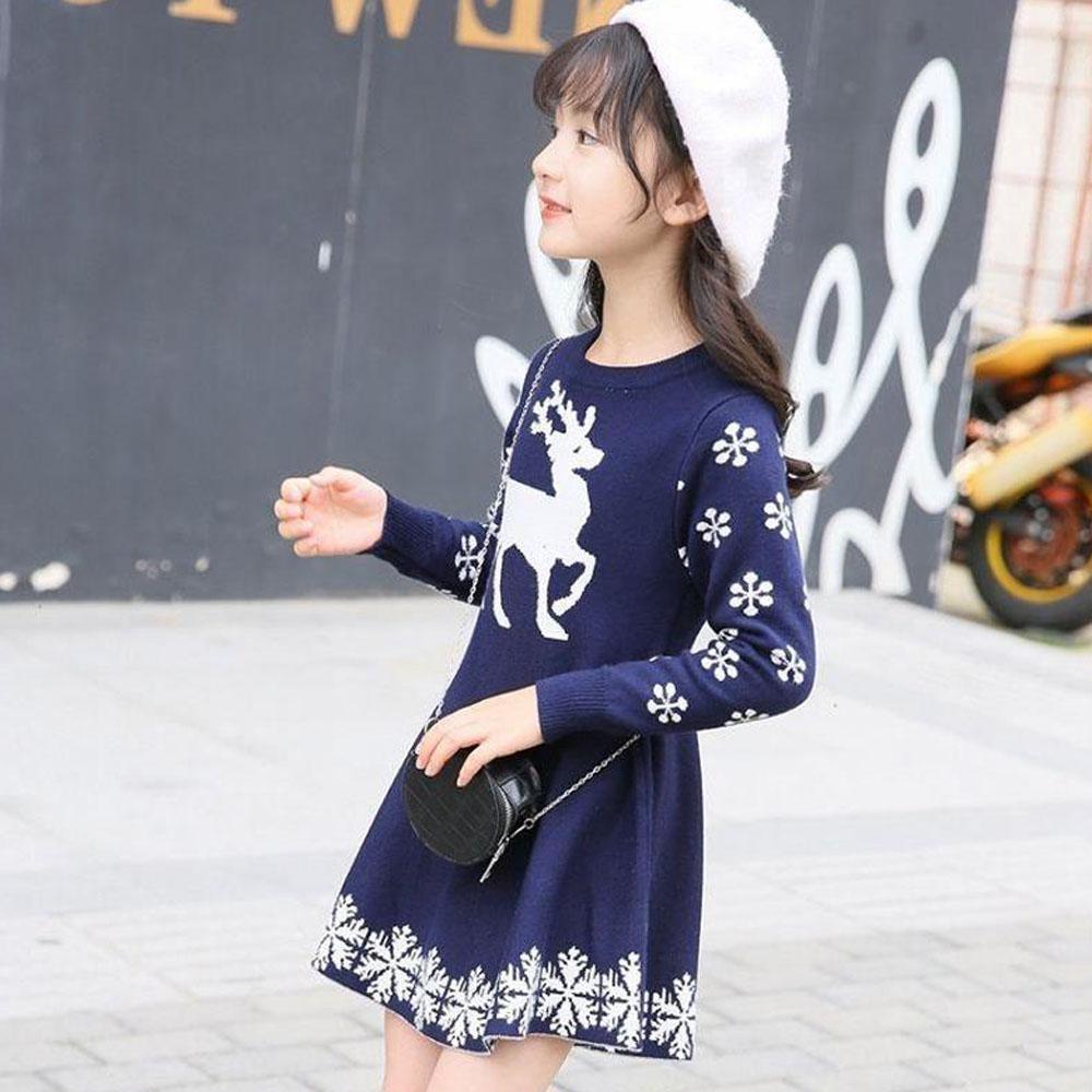 Christmas Dress for Girls Deer Snowflake Printed Sweater Winter Skirt