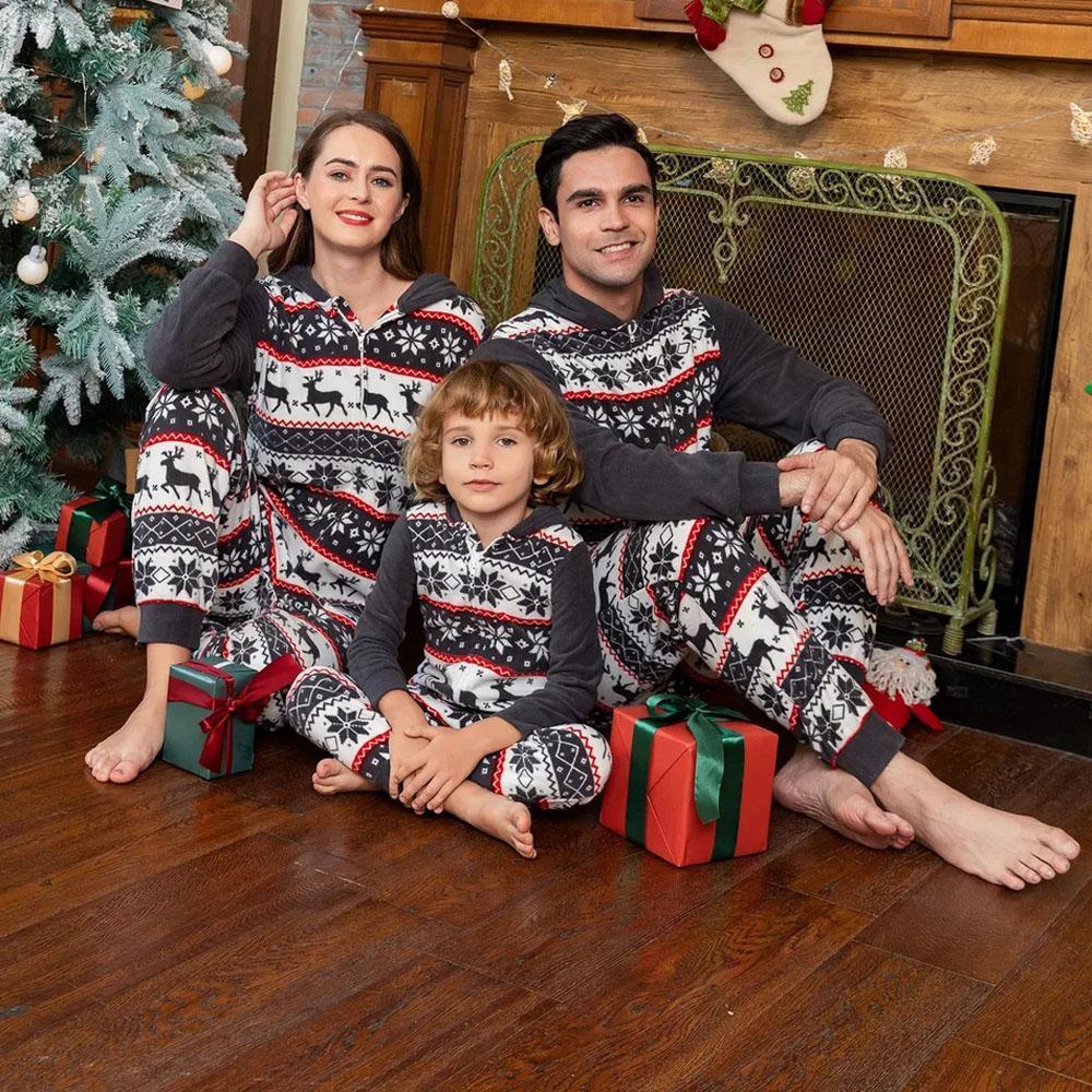Christmas Family Matching Pajamas Blue Print Elk Hooded Jumpsuit - ciclove