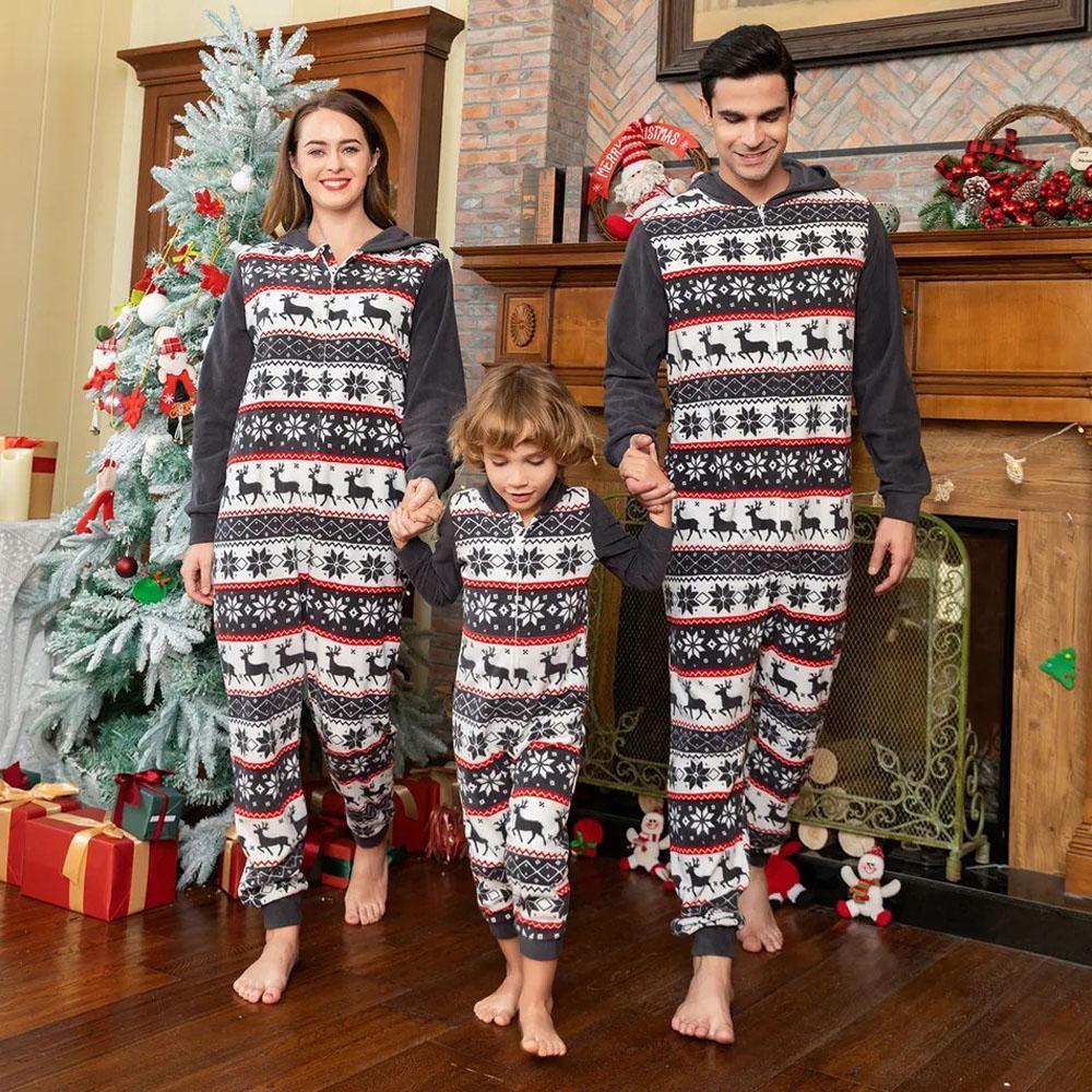 Christmas Family Matching Pajamas Blue Print Elk Hooded Jumpsuit - ciclove