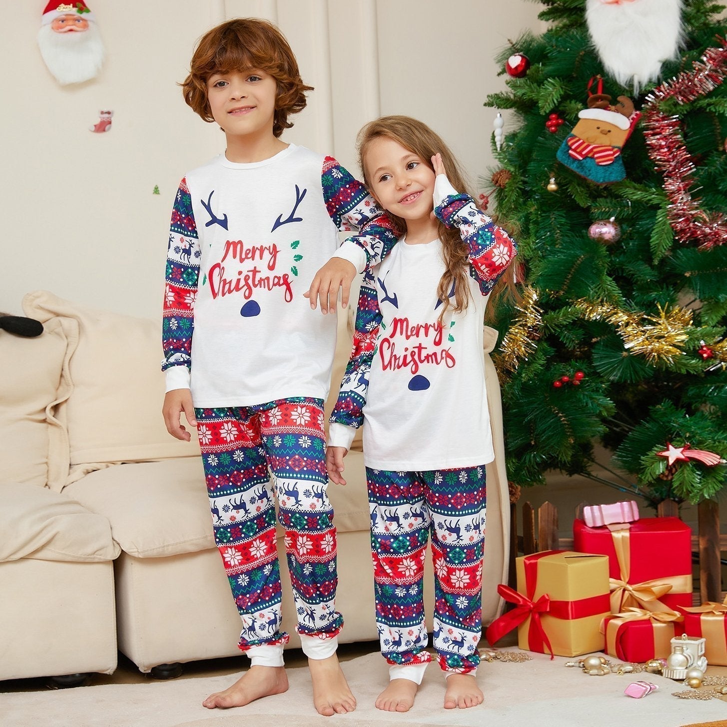 BuyLettered Elk Antler Print Christmas Family Couples Matching Pajamas Party Sets Now Cheaper With 3 - 5 Days Ship - PajamasBuy