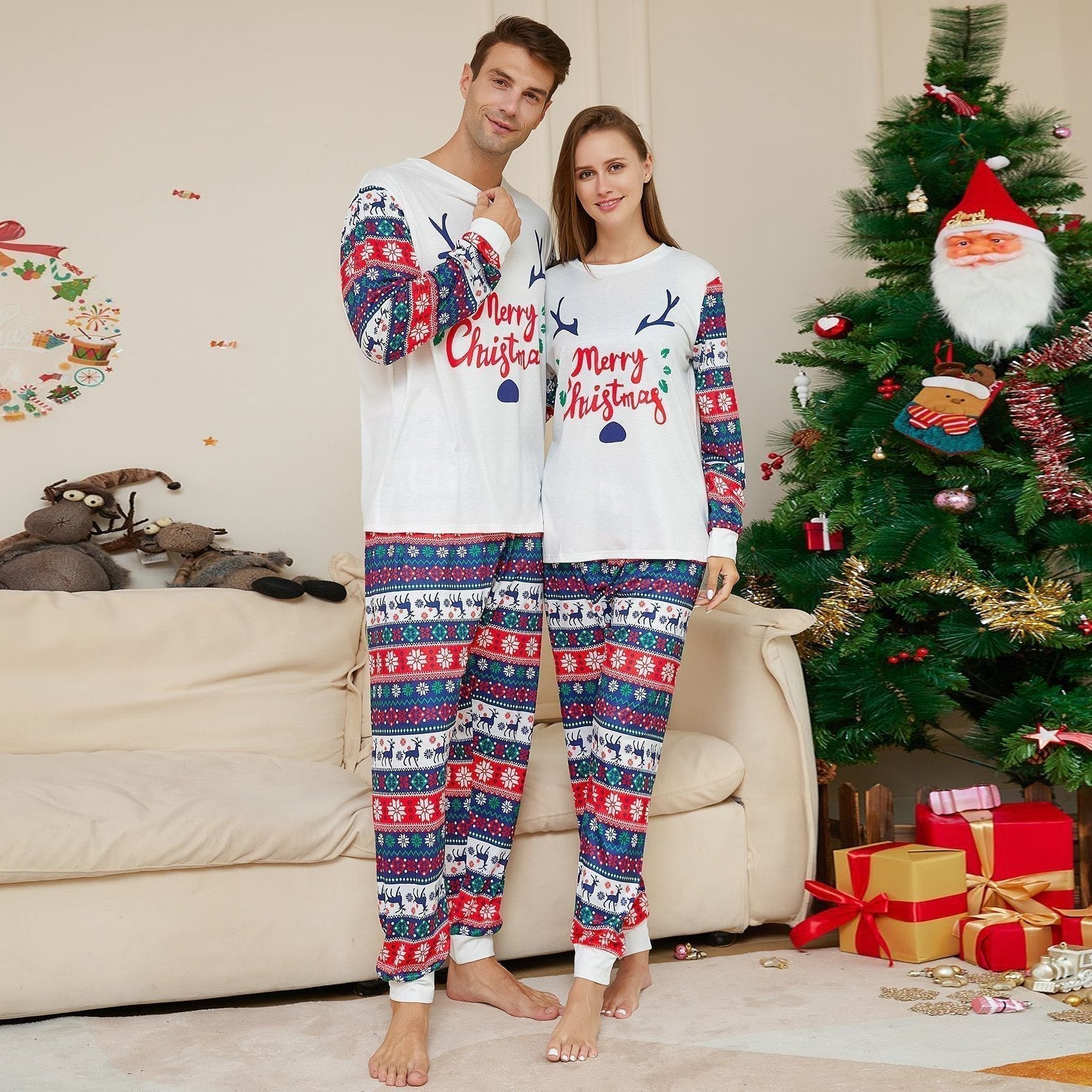 BuyLettered Elk Antler Print Christmas Family Couples Matching Pajamas Party Sets Now Cheaper With 3 - 5 Days Ship - PajamasBuy